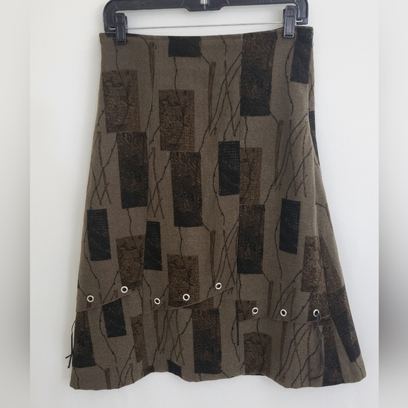Skirts Vese Long Skirt Brown Geo Print Asymmetrical Lined Side Zip